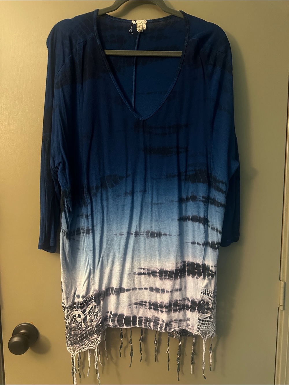 gimmicks by BKE Navy to Light Blue Ombre V-Neck Tunic with Fringe